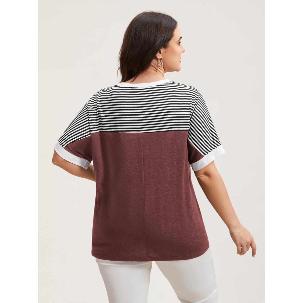 Plus Size Solid and Striped Contrast Hem T-Shirt Russet Women Casual Contrast Round Neck Everyday T-shirts BloomChic 18-20/2X Product Image