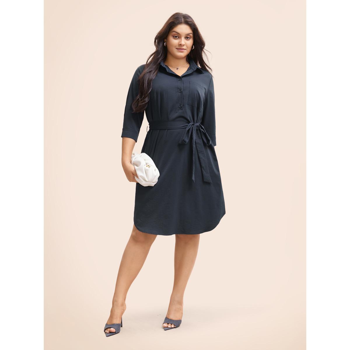 Plus Size Shirt Collar Belted Arc Hem Dress DarkBlue Women At the Office Belted Shirt collar Elbow-length sleeve Curvy BloomChic 26/4X Product Image