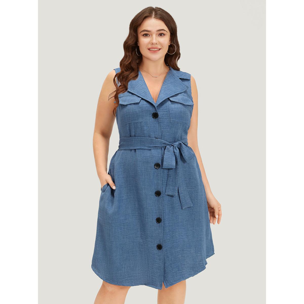 Plus Size Suit Collar Belted Pocket Button Through Sleeveless Dress Blue Women Elegant Belted Suit Collar Sleeveless Curvy Knee Dress BloomChic 14-16/1X Product Image