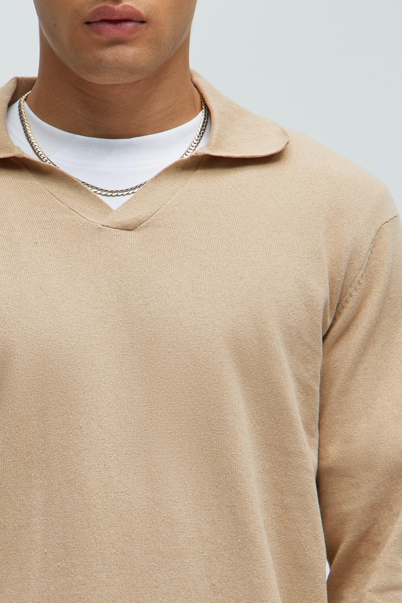 Noyes Johnny Collar Lightweight Sweater - Tan Product Image