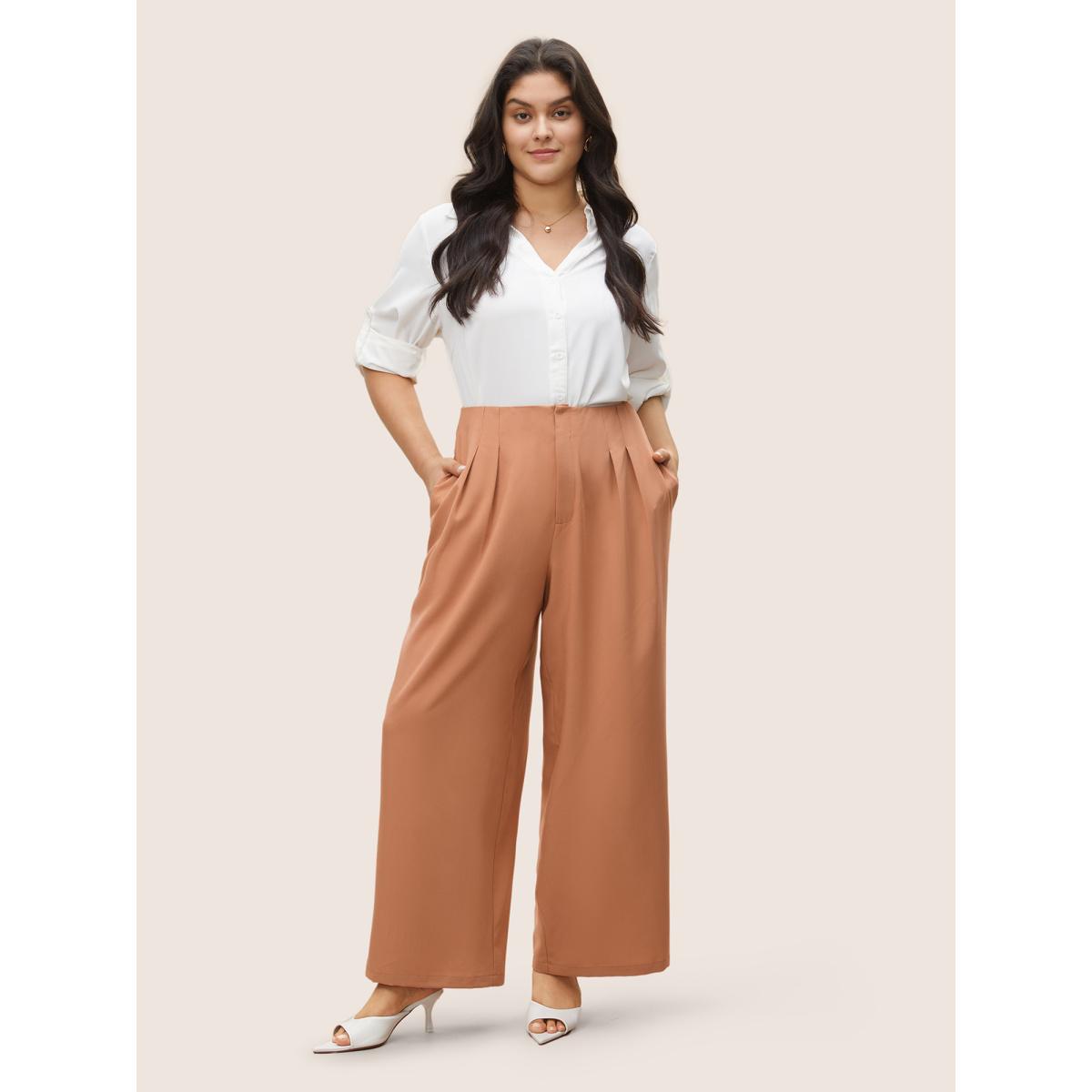 Plus Size Plain Zipper Fly Pleated Wide Leg Pants Women Coral Casual Wide Leg High Rise Everyday Pants BloomChic 30/6X Product Image