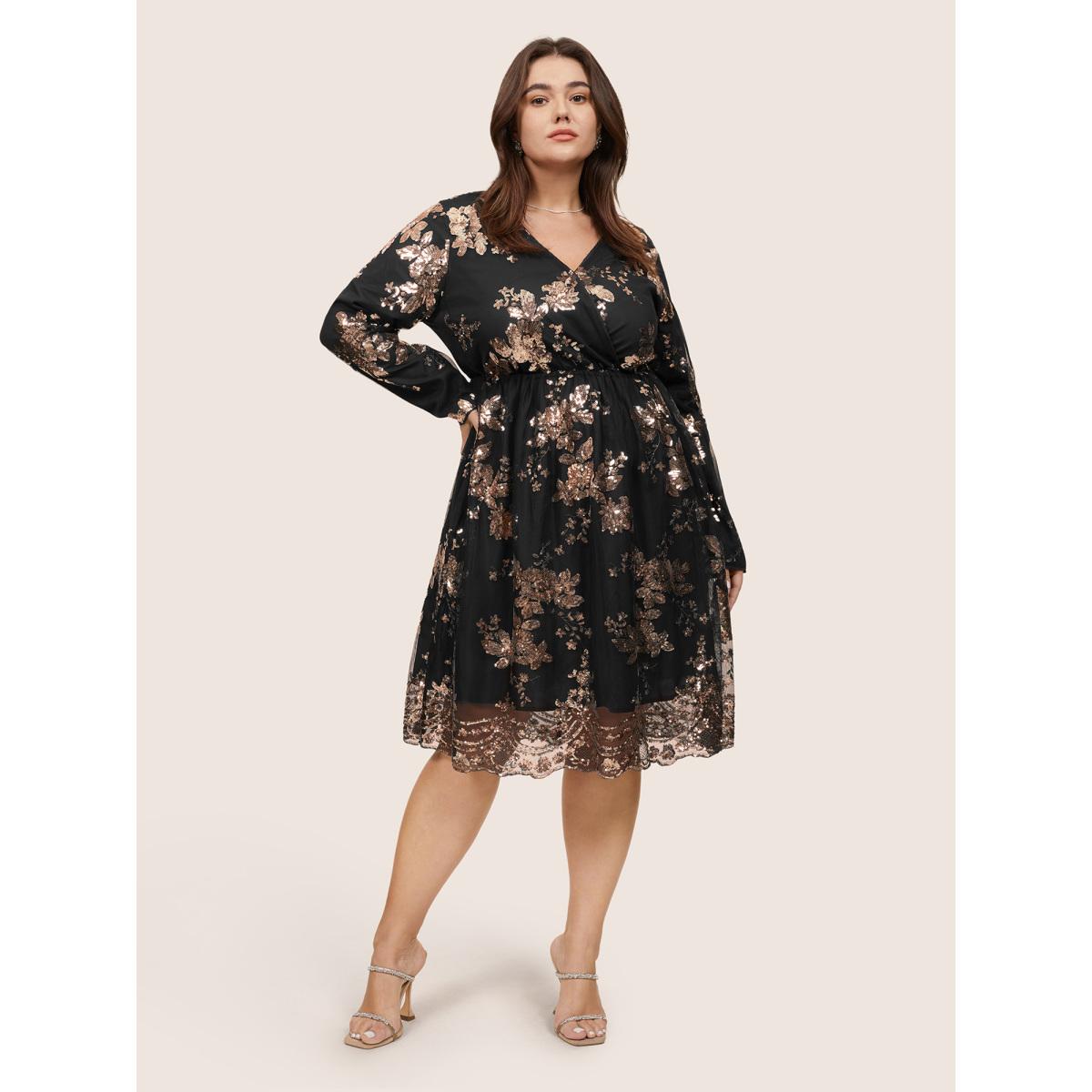Plus Size Floral Sequin Elastic Waist Mesh Wrap Dress Black Women Party&Cocktail Sequin Overlap Collar Long Sleeve Curvy Midi Dress BloomChic 14-16/1X Product Image