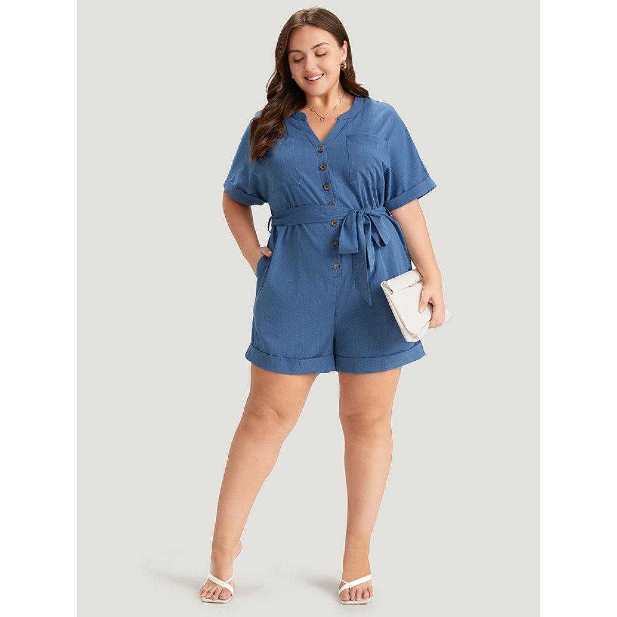 Plus Size Stone Anti-Wrinkle Solid Patched Pocket Notched Button Up Belt Romper Women Office Short sleeve Notched collar Office Loose Jumpsuits BloomChic 18-20/2X Product Image