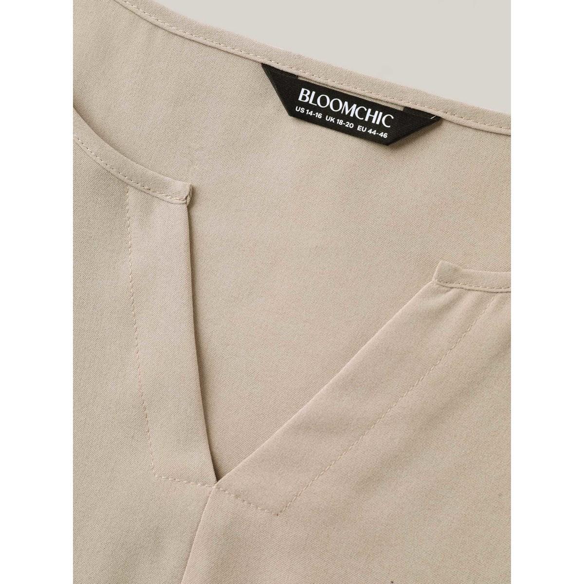 Plus Size Champagne Shirred Puff Sleeve Split Neck Shirt Women Half Sleeve Notched collar Work Blouses BloomChic 12/L Product Image