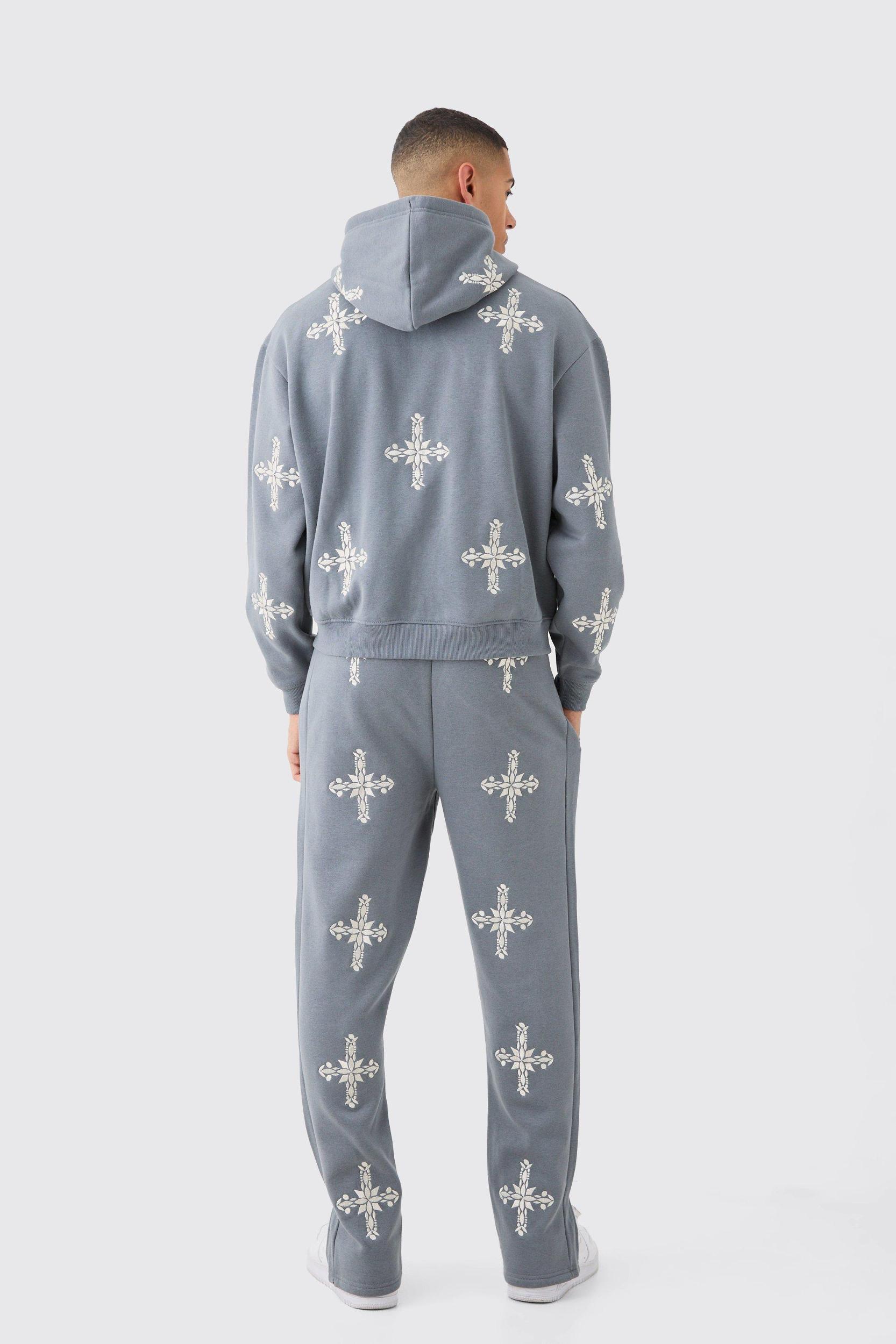 Regular Fit Split Hem Cross Embroidered Sweatpants | boohooMAN USA Product Image