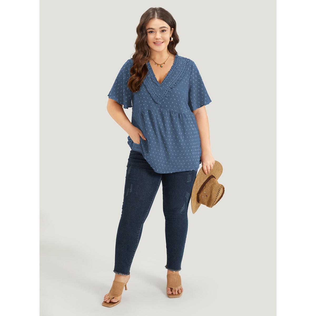 Plus Size Stone Polka Dot Frill Trim V Neck Flutter Blouse Women Elegant Short sleeve V-neck Work Blouses BloomChic 14-16/1X Product Image