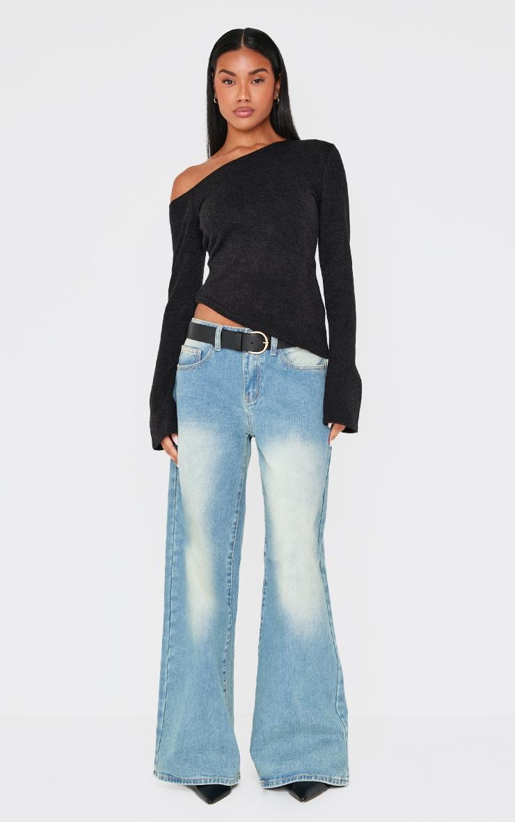 Black Textured Asymmetric Flared Sleeve Long Top Product Image