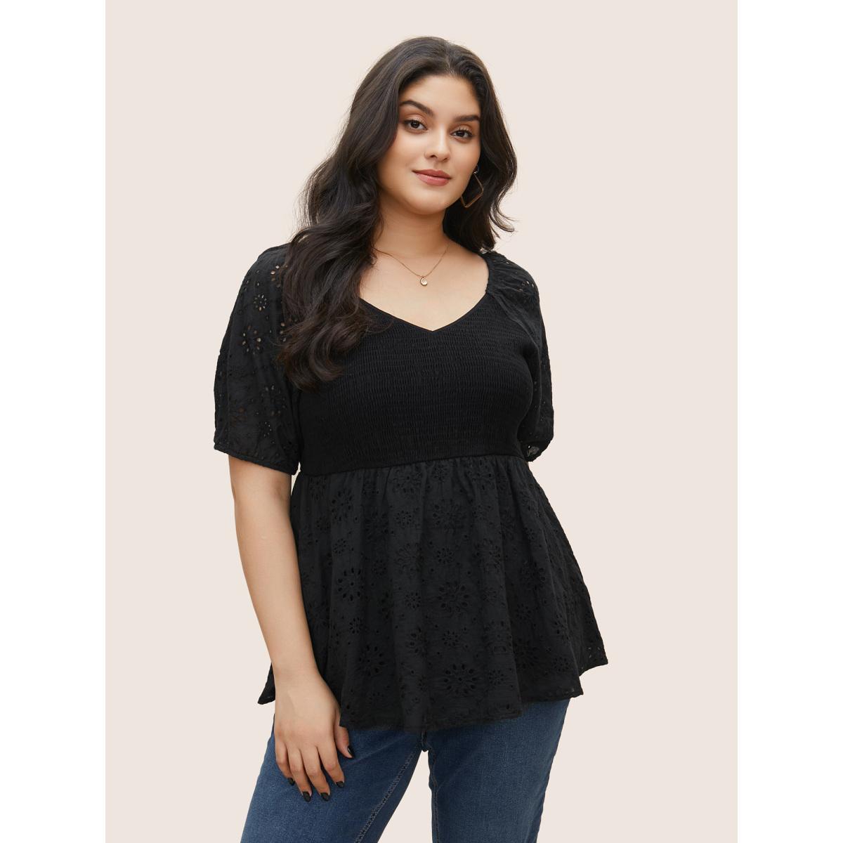 Plus Size Black Broderie Anglaise Patchwork Lantern Sleeve Shirred Blouse Women Resort Short sleeve Square Neck Vacation Blouses BloomChic 12/L Product Image