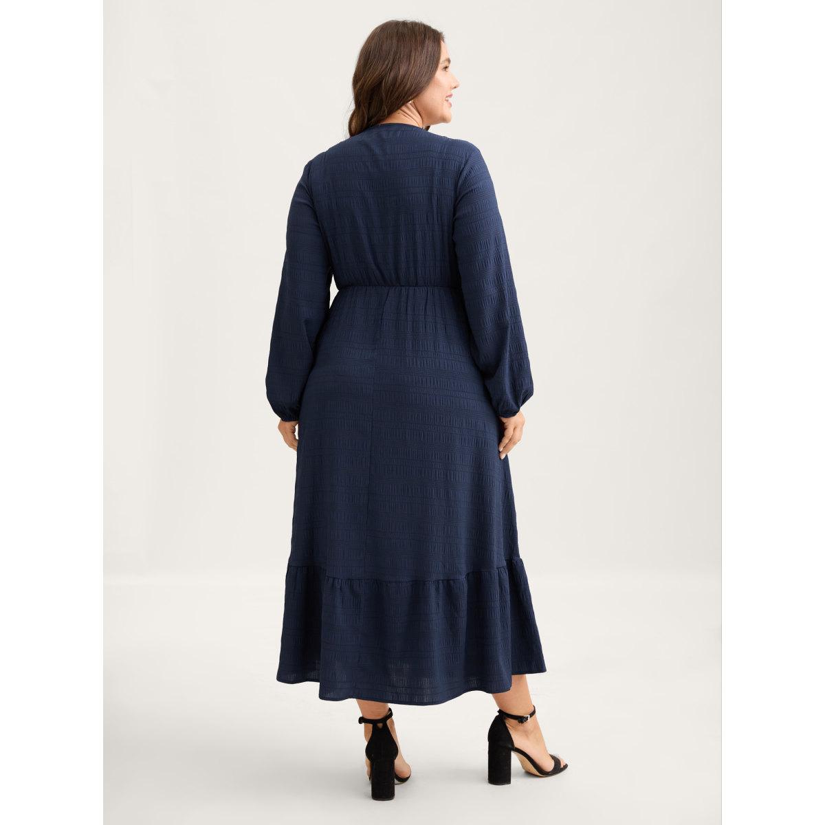 Plus Size Solid Shirred Plisse Flutter Hem Dress DarkBlue Women Leisure Elastic cuffs V-neck Long Sleeve Curvy Midi Dress BloomChic 18-20/2X Product Image
