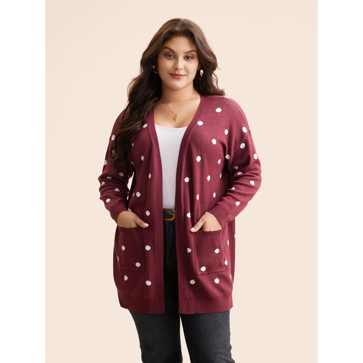 Plus Size Polka Dot Kimono Collar Patch Pocket Cardigan Scarlet Women Casual Loose Long Sleeve Everyday Cardigans BloomChic 30/6X Product Image