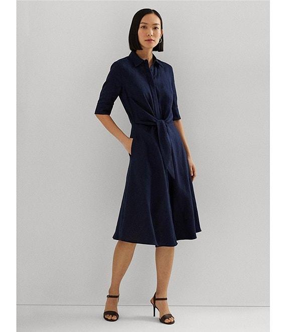 Lauren Ralph Lauren Linen Point Collar Elbow Sleeve Button Front Self Tie Fit-And-Flare Shirt Midi Dress Product Image