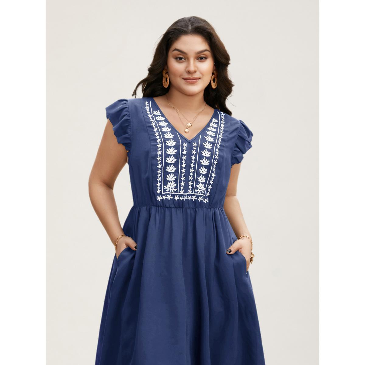 Plus Size Floral Embroidered V Neck Ruffle Cap Sleeve Dress Yellowishbrown Women Boho Embroidered V-neck Cap Sleeve Curvy BloomChic 10/M Product Image