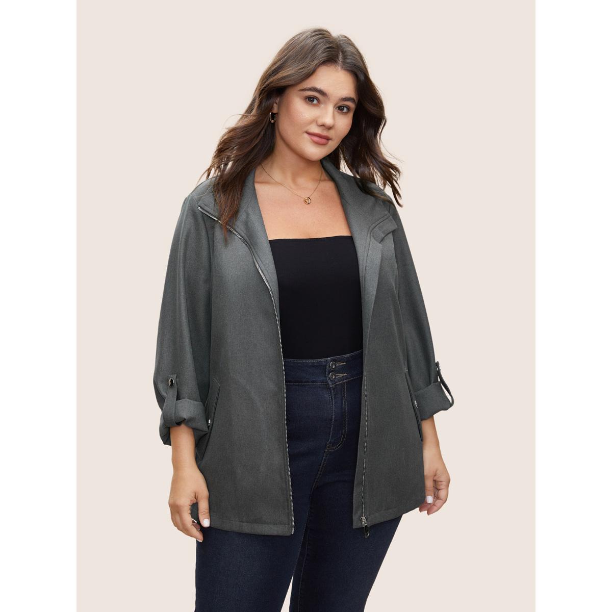 Plus Size Solid Zipper Button Detail Tab Sleeve Jacket Women DimGray Non Open pocket with flap Everyday Jackets BloomChic 14-16/1X Product Image