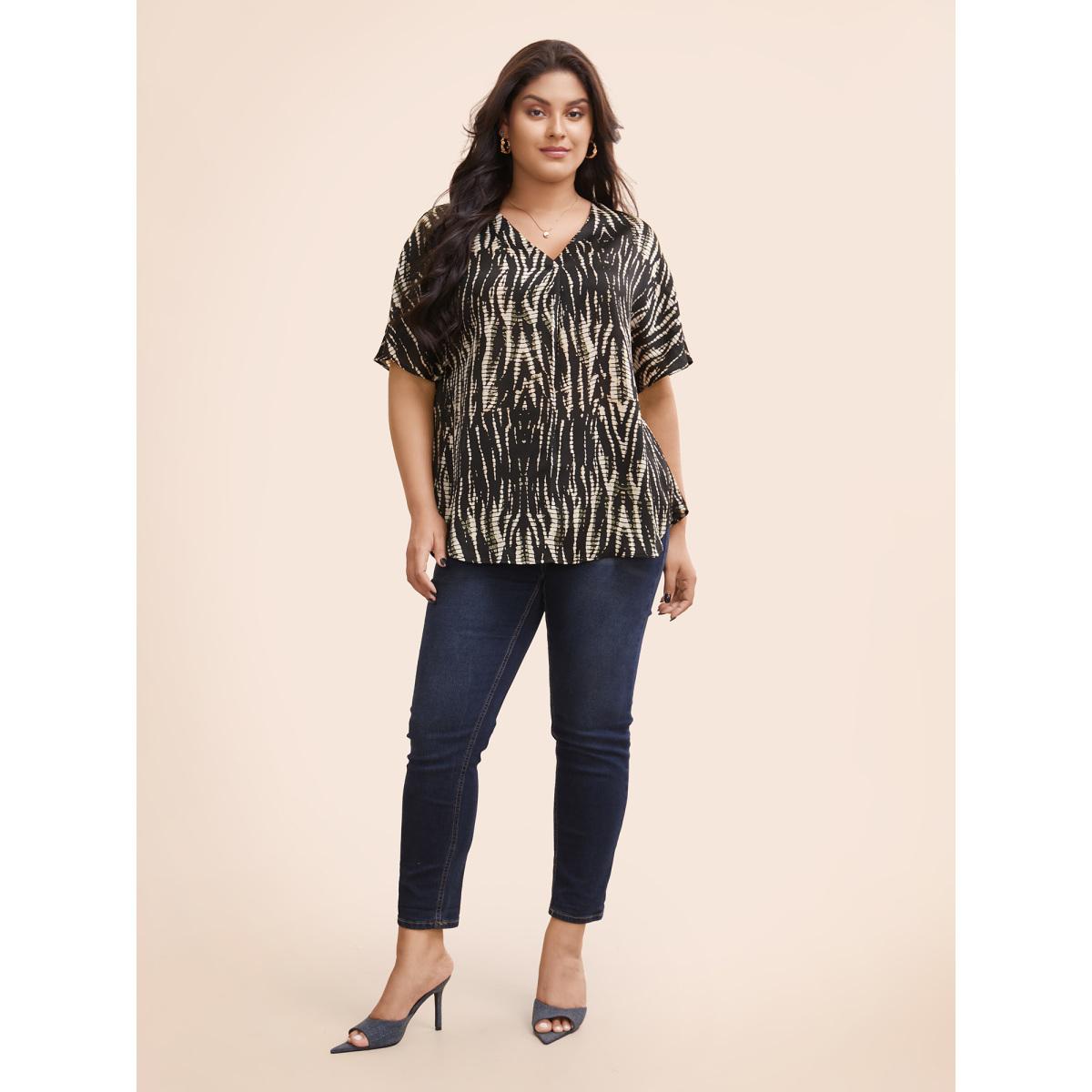 Plus Size Black Animal Print Pleated Dolman Sleeve Blouse Women Elegant Short sleeve V-neck Everyday Blouses BloomChic 14-16/1X Product Image