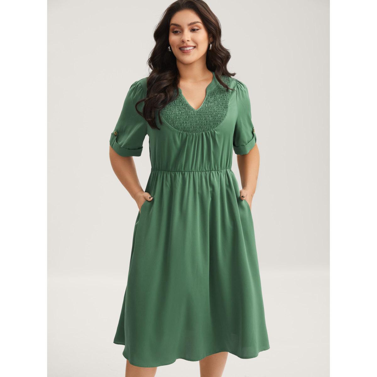Plus Size Shirred Neck Stretchy Waist Pockets Midi Dress DarkGreen Women Flat collar with V-notch Short sleeve Curvy BloomChic 12/L Product Image
