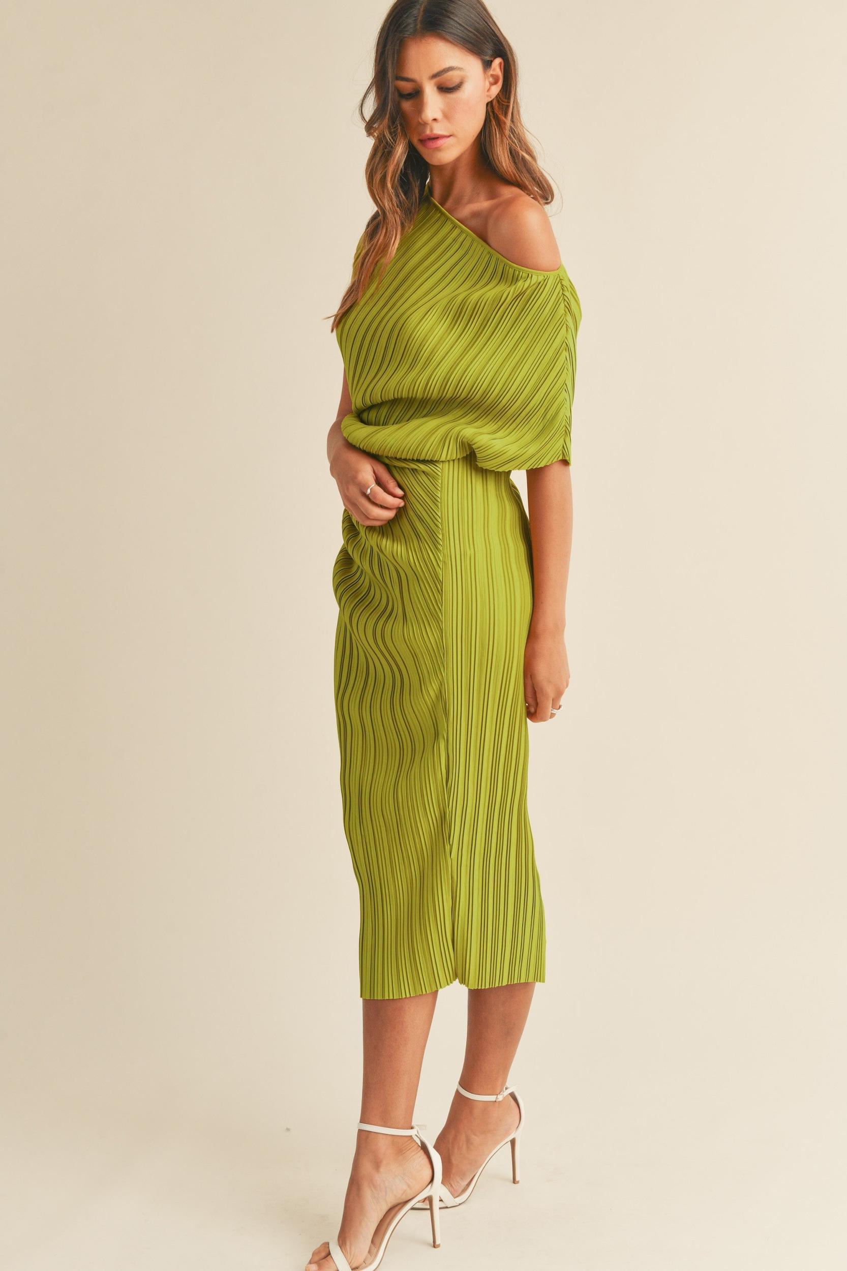 One Shoulder Pleated Midi Dress Product Image