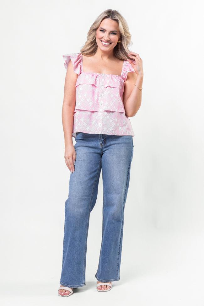 Wonderful Wildflowers Pink Print Button Front Tiered Tank SALE Product Image