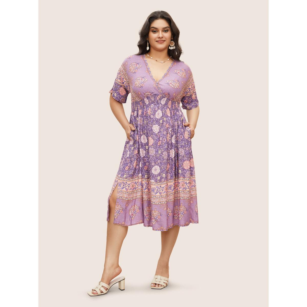 Plus Size Floral Dolman Sleeve Ruffles Shirred Split Hem Dress Mauve Women Resort Non V-neck Short sleeve Curvy Midi Dress BloomChic 26/4X Product Image