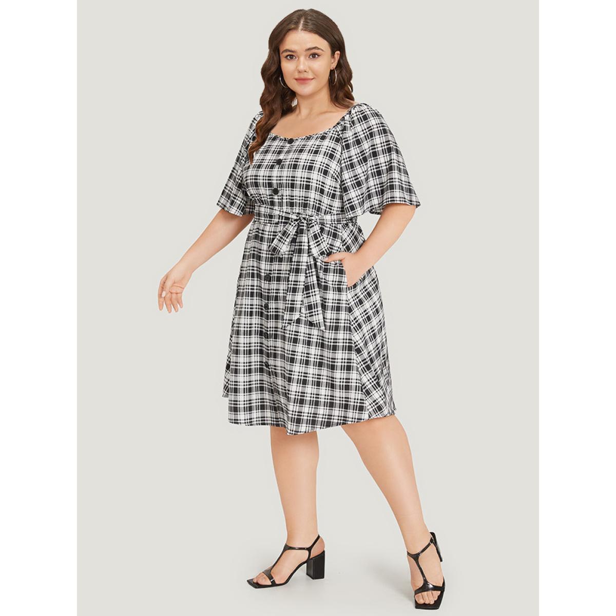 Plus Size Plaid Belted Pocket Button Detail Square Neck Dress Black Women Office Belted Square Neck Short sleeve Curvy Midi Dress BloomChic 26/4X Product Image