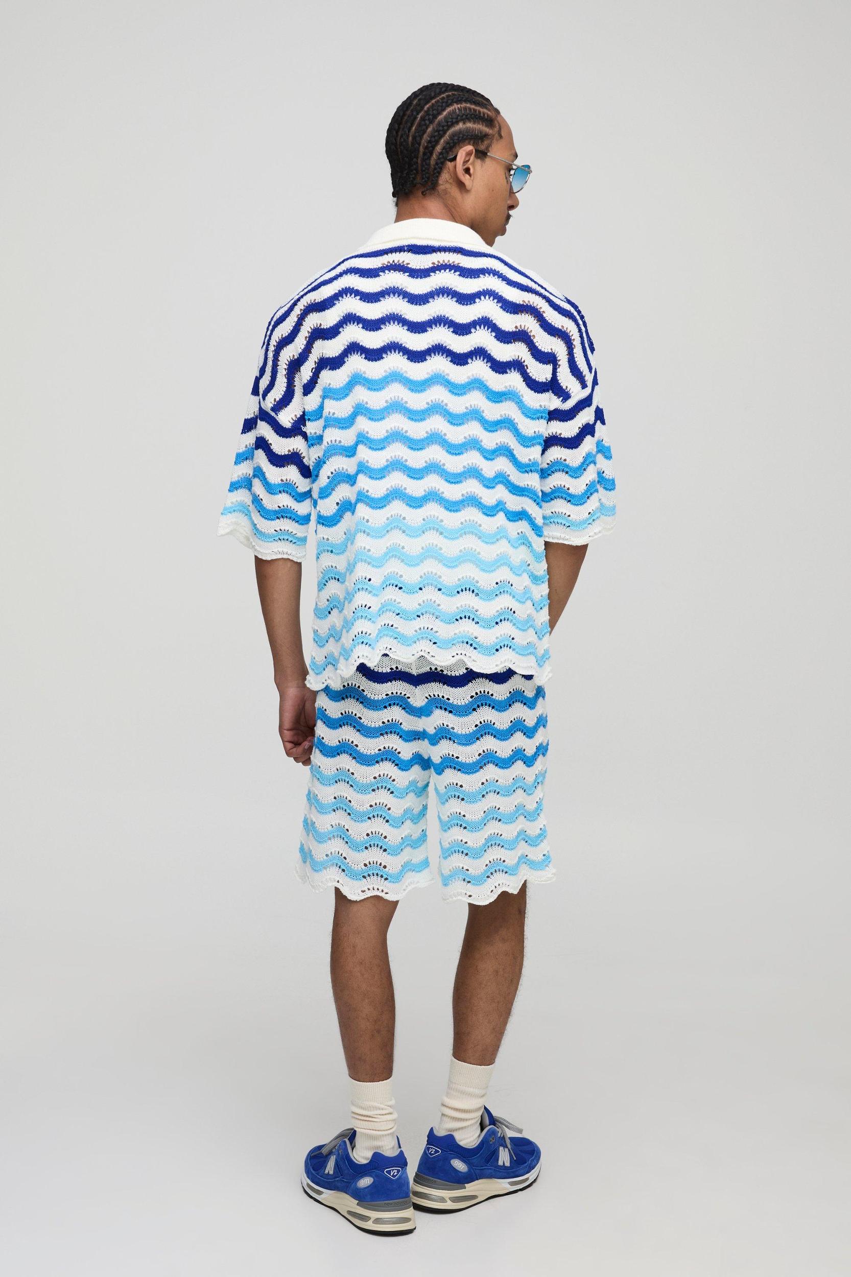 Relaxed Fit Striped Crochet Shorts | boohooMAN USA Product Image