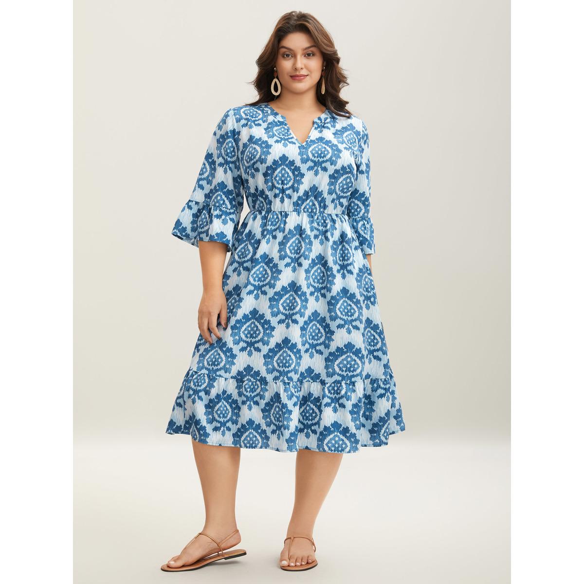 Plus Size Damask Pattern Ruffle Sleeve Midi Dress Mediumblue Women Flat collar with V-notch Elbow-length sleeve Curvy BloomChic 14-16/1X Product Image