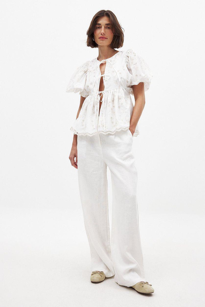 Embroidered Contrast Tie Front Blouse Product Image