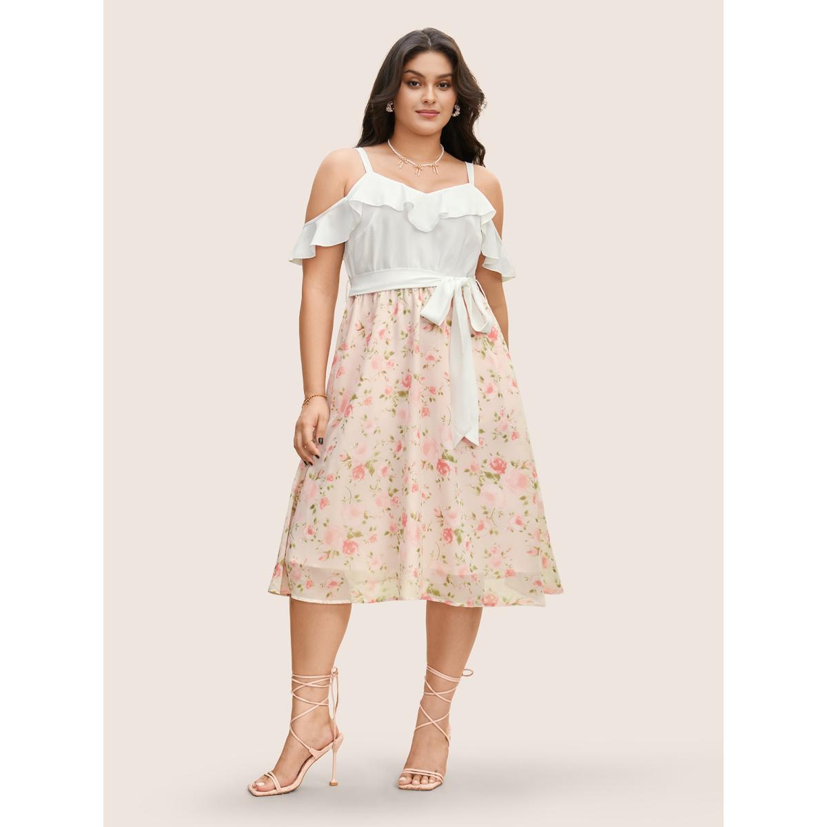 Plus Size Chiffon Floral Patchwork Ruffle Trim Midi Dress Nudepink Women Elegant Belted V-neck Cap Sleeve Curvy BloomChic 18-20/2X Product Image
