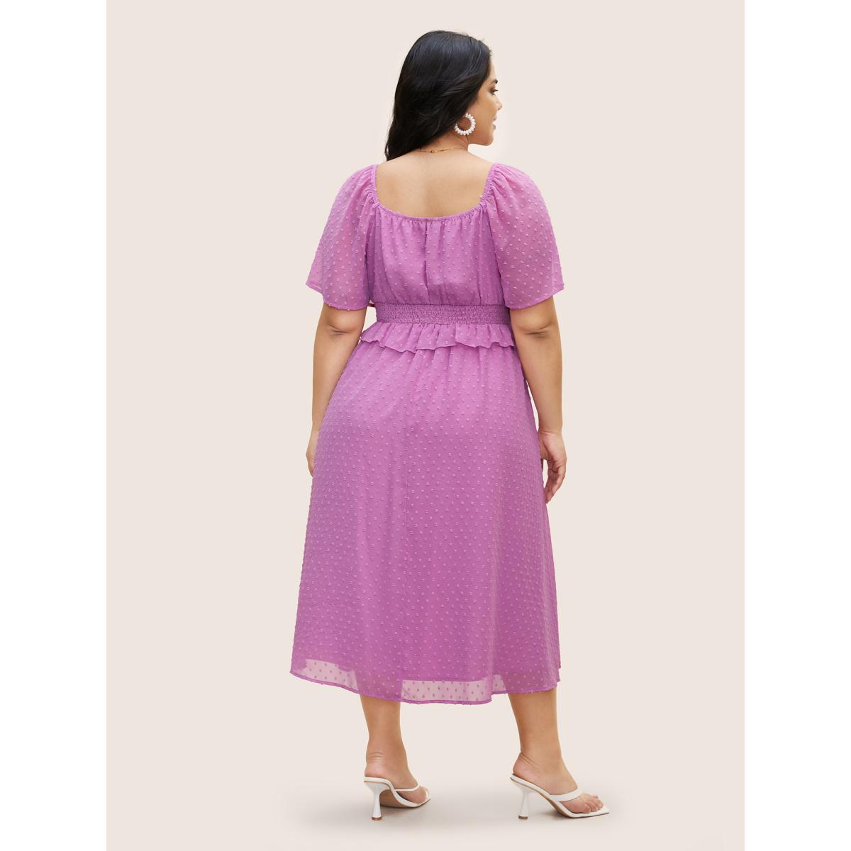 Plus Size Textured Ruffles Shirred Raglan Sleeve Dress RedViolet Women Elegant Texture Heart neckline Half Sleeve Curvy BloomChic 26/4X Product Image