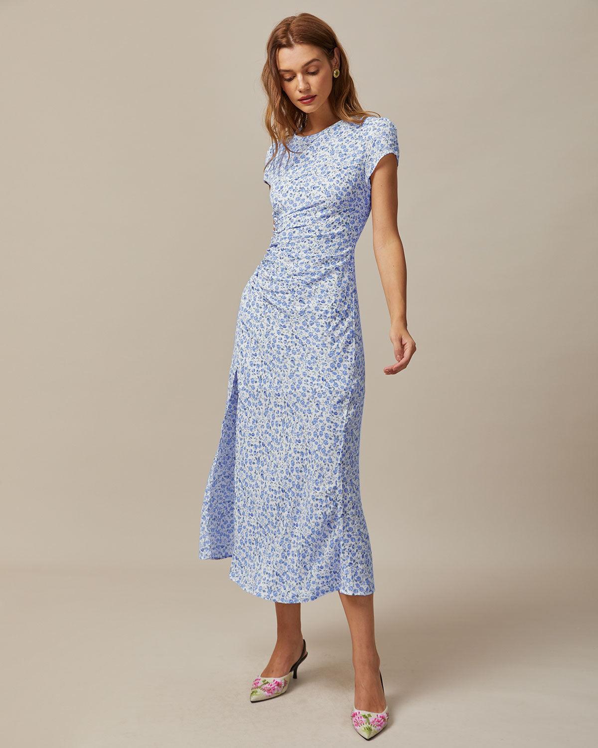 The Blue Round Neck Floral Slit Midi Dress Product Image
