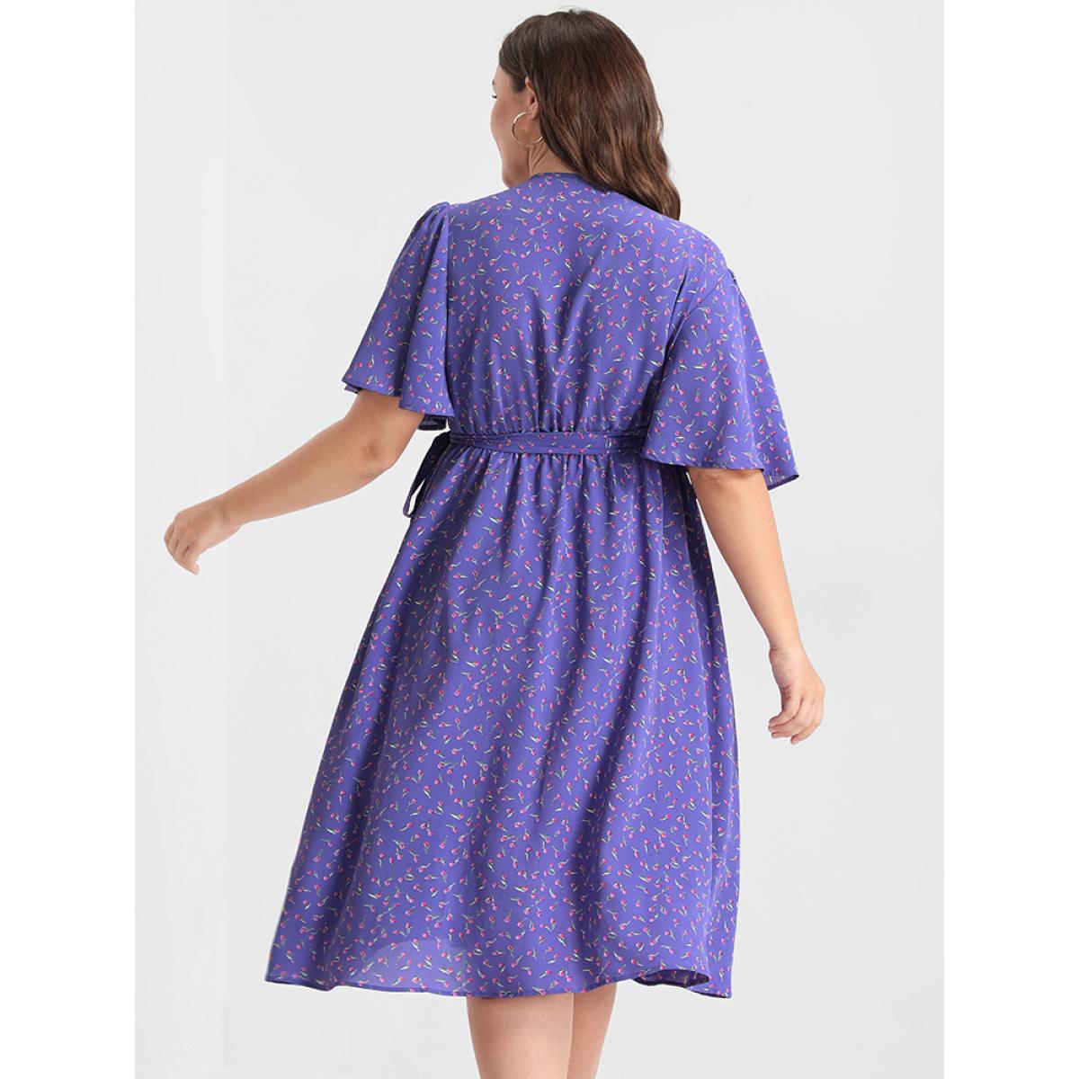 Plus Size Ditsy Floral Knotted Ruffled Split Midi Dress BlueViolet Women Elegant Wrap V-neck Short sleeve Curvy Midi Dress BloomChic 28/5X Product Image