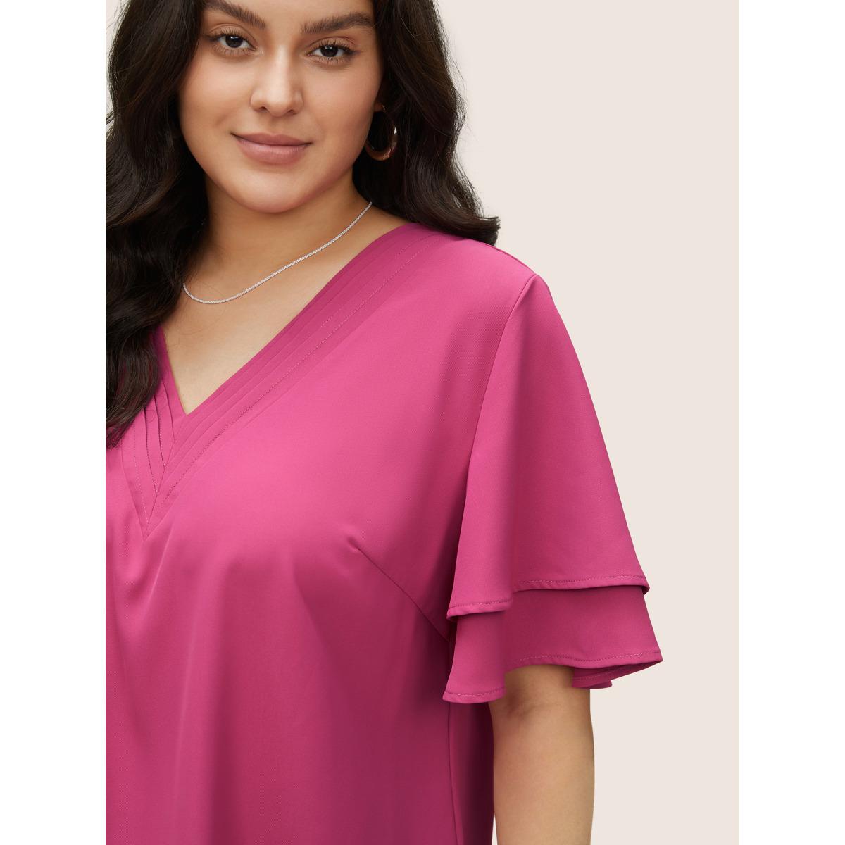 Plus Size RedViolet Anti-Wrinkle Pleated Tiered Flutter Sleeve Blouse Women Office Short sleeve V-neck Work Blouses BloomChic 28/5X Product Image