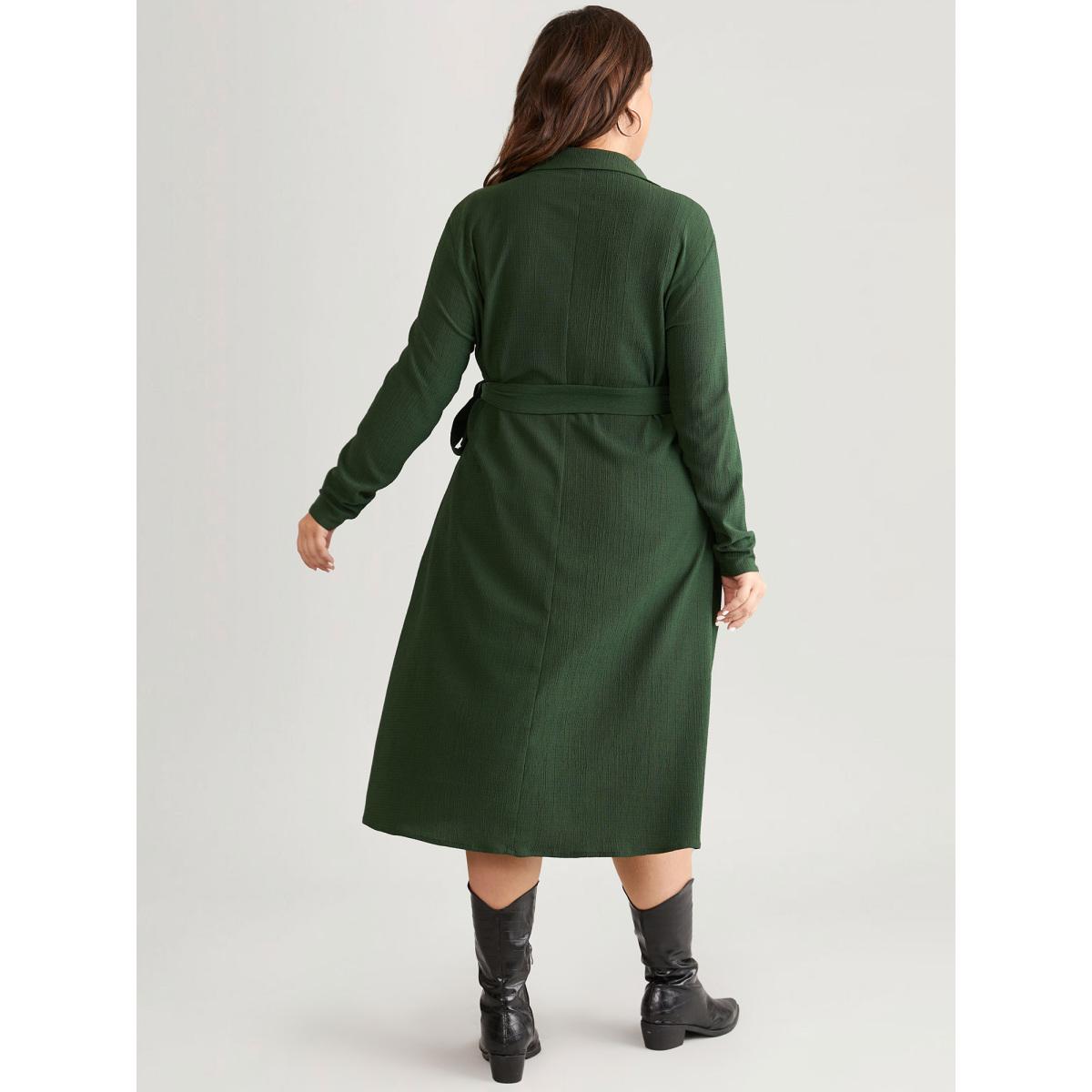 Plus Size Plisse Surplice Neck Bowknot Side Wrap Hem Dress ArmyGreen Women Casual Texture Overlap Collar Long Sleeve Curvy Midi Dress BloomChic 14-16/1X Product Image