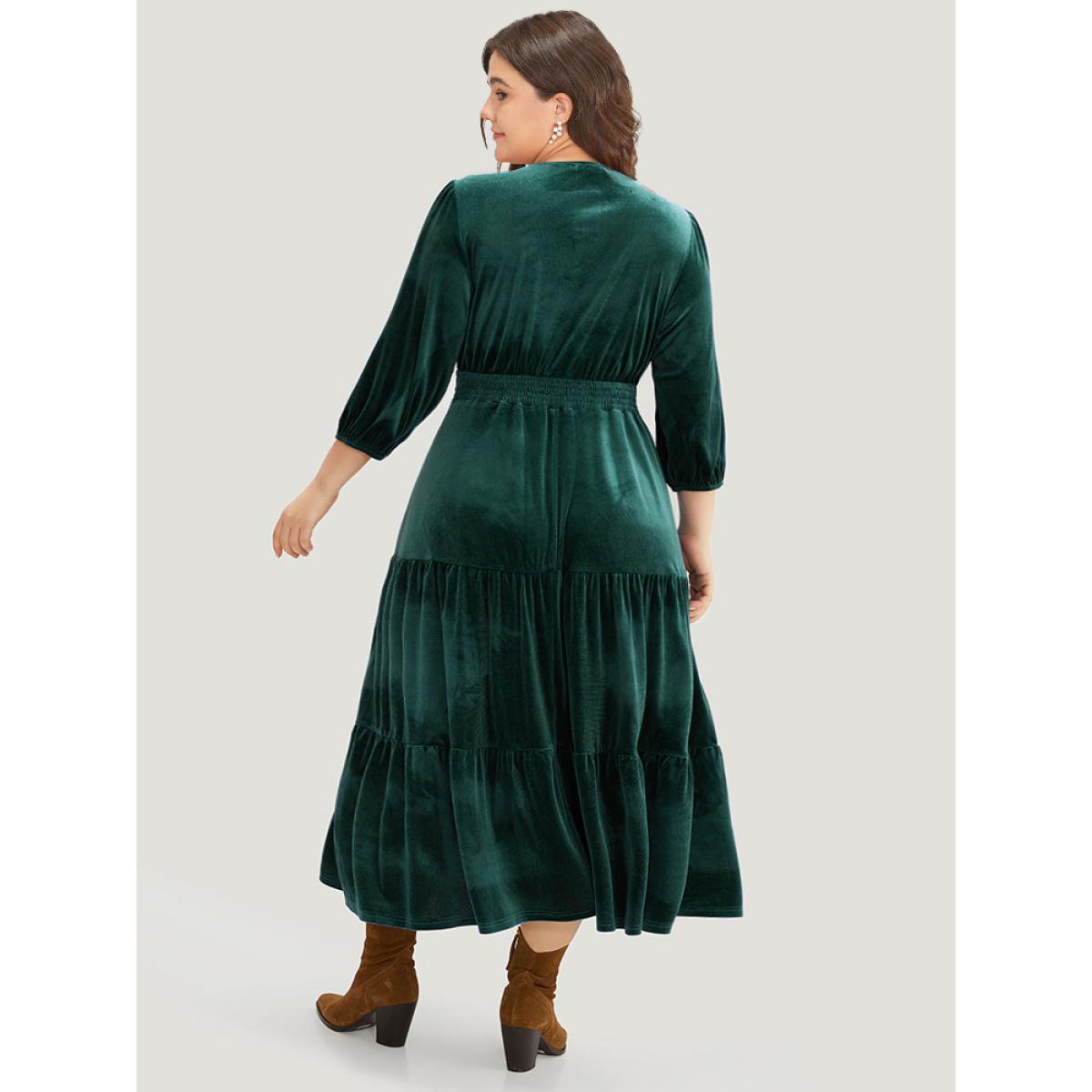 Plus Size Velvet Solid Notched Shirred Tiered Hem Dress DarkGreen Women Vacation Elastic cuffs Notched collar Elbow-length sleeve Curvy Midi Dress BloomChic 26/4X Product Image
