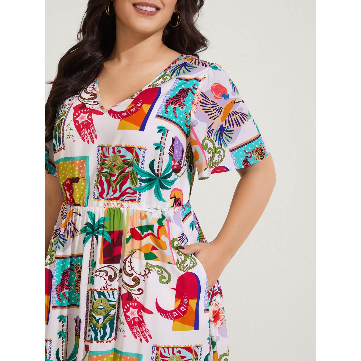 Plus Size Tropical Collage Print Pockets Midi Dress Multicolor Women V-neck Short sleeve Curvy BloomChic 12/L Product Image