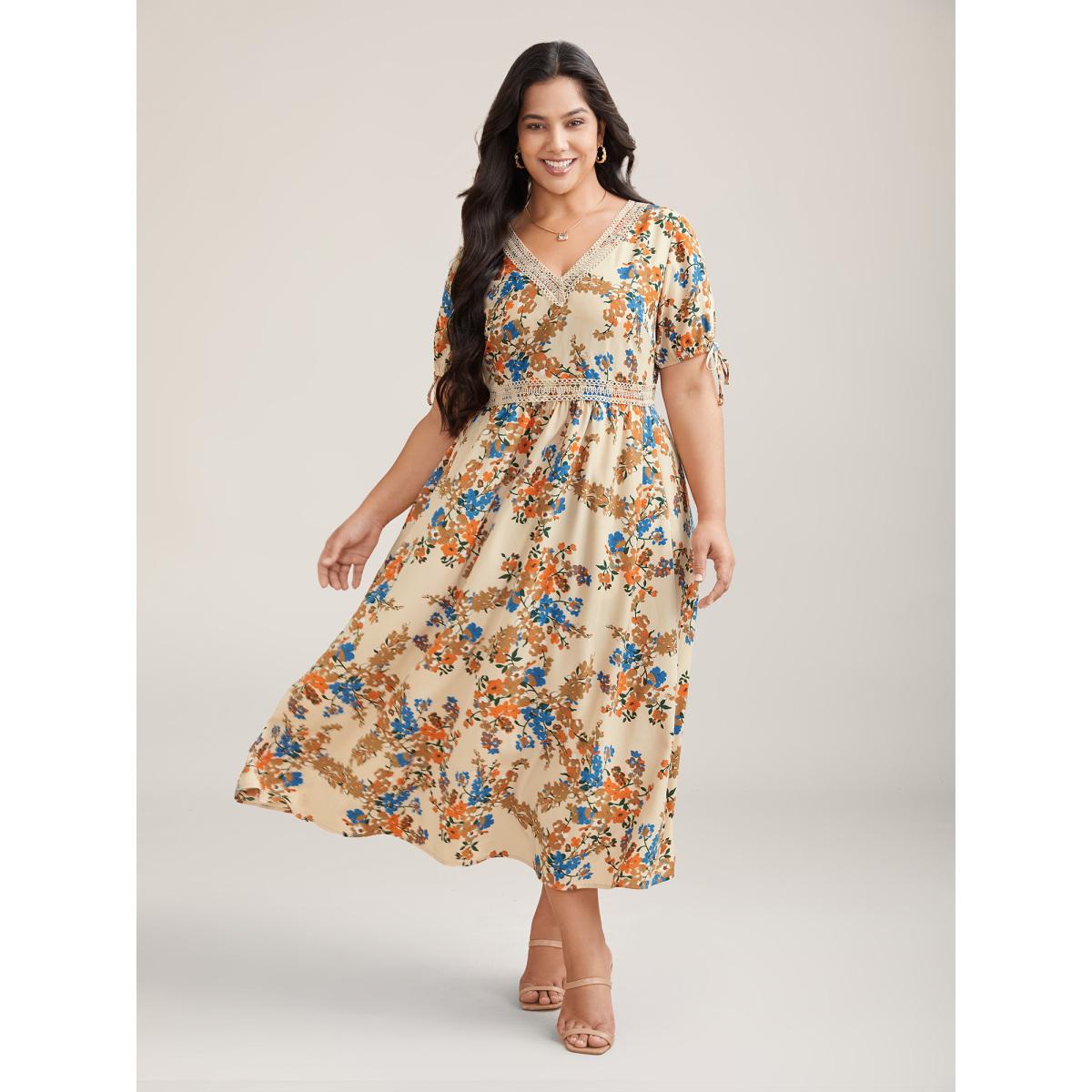 Plus Size Floral Pring Lace Detail Tied Midi Dress Apricot Women Elegant Woven ribbon&lace trim V-neck Short sleeve Curvy BloomChic 18-20/2X Product Image