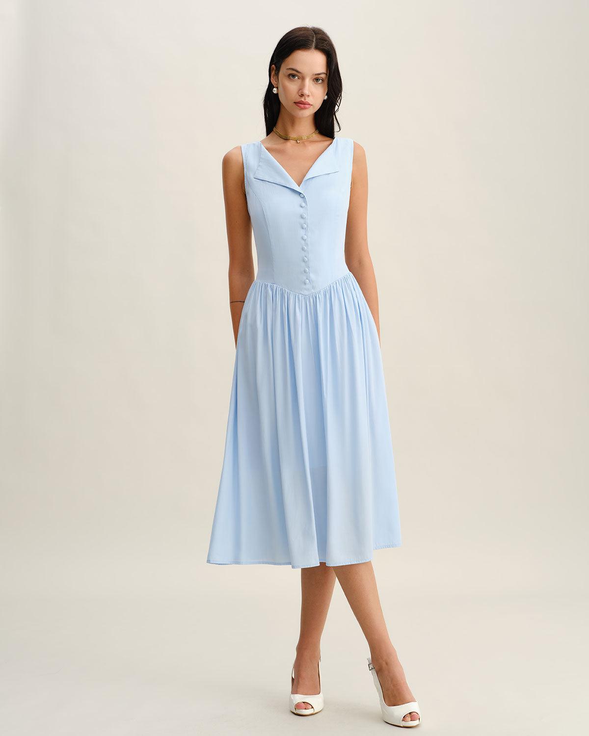 Blue V Neck Button Sleeveless Midi Dress Product Image
