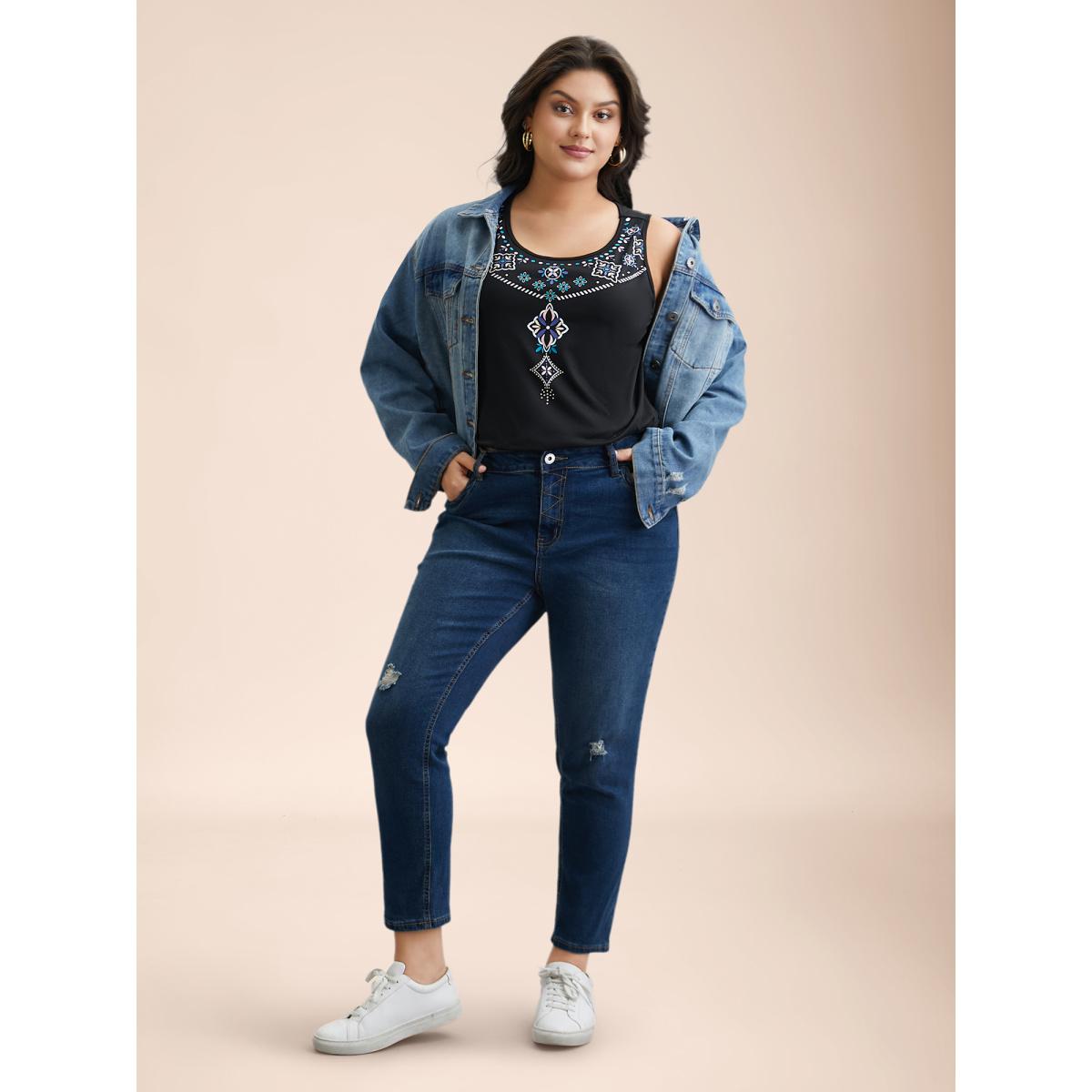 Plus Size Boho Print Stretchy Round Neck Vest Women Black Leisure Non Round Neck Casual Tank Tops Camis BloomChic 22-24/3X Product Image