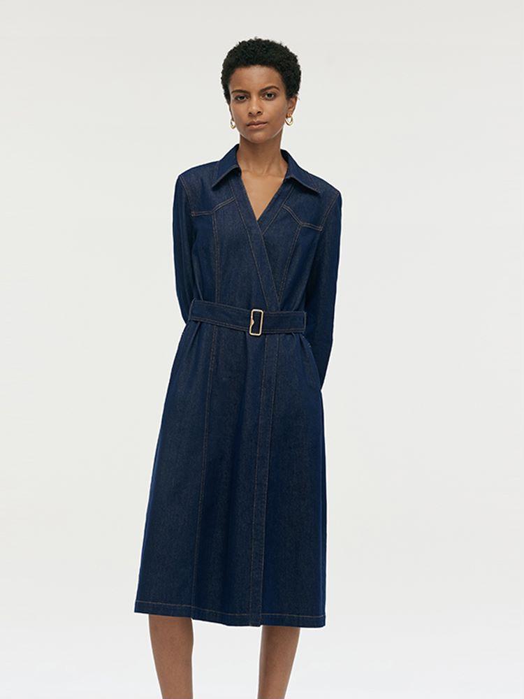 Denim Lapel Women Midi Dress With Belt Product Image