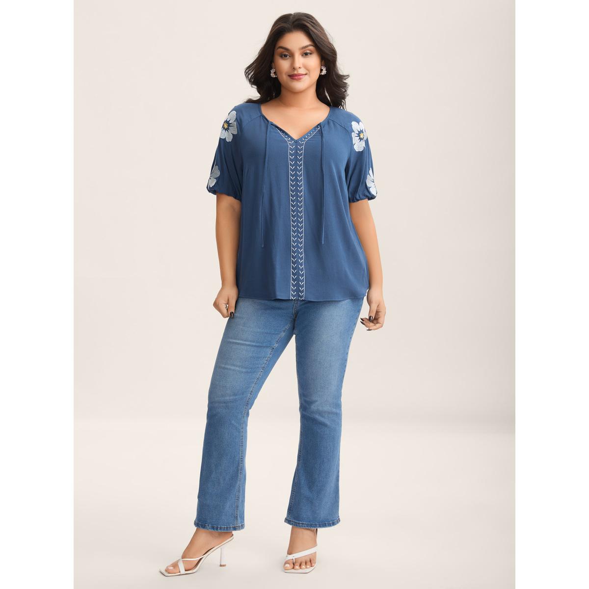 Plus Size DarkBlue Floral Embroidery Textured Neck Tie Blouse Women Boho Half Sleeve Flat collar with V-notch Vacation Blouses BloomChic 10/M Product Image