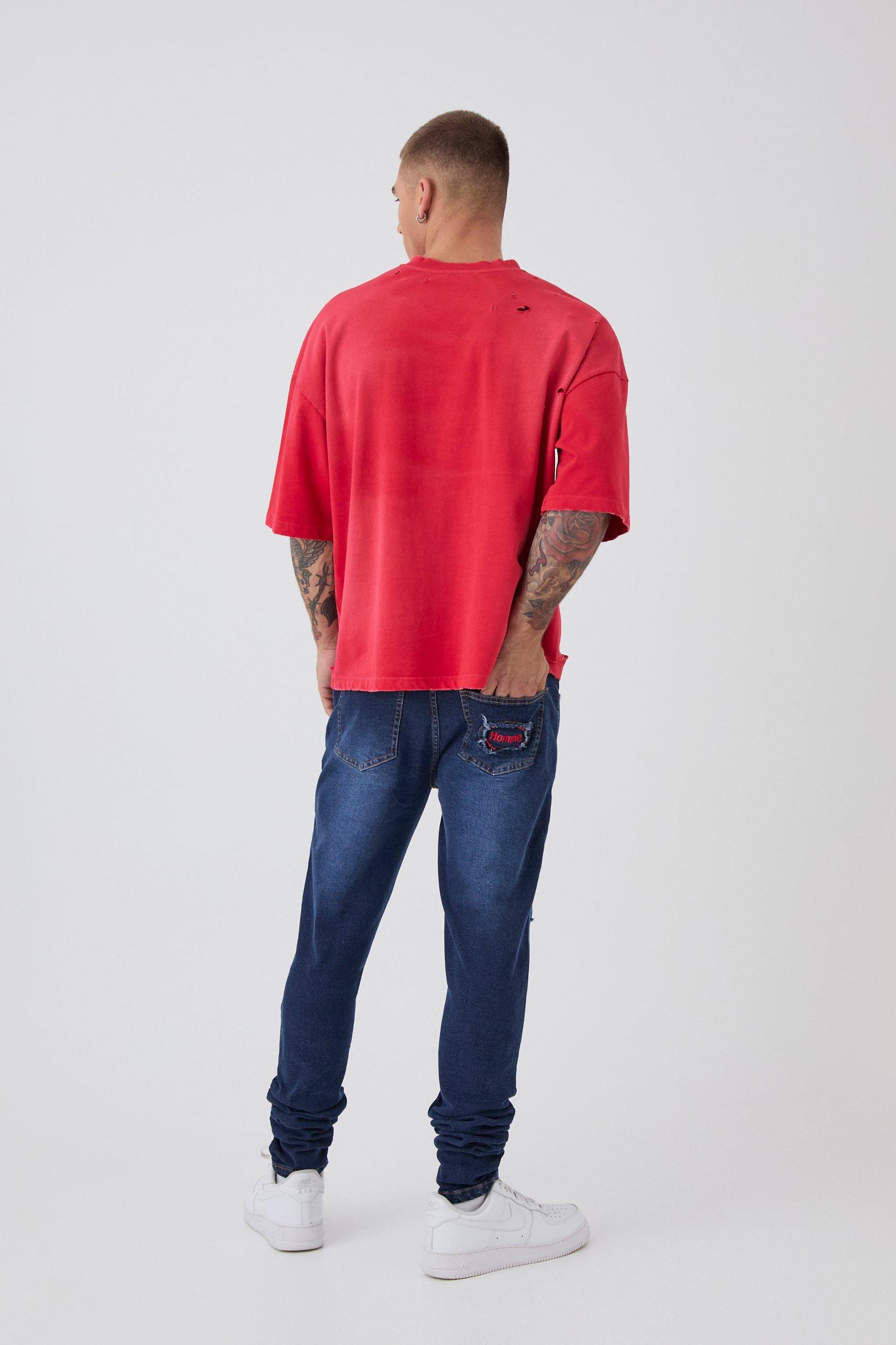 Skinny Stretch Stacked Distressed Paint Splatter Denim Jeans | boohooMAN USA Product Image