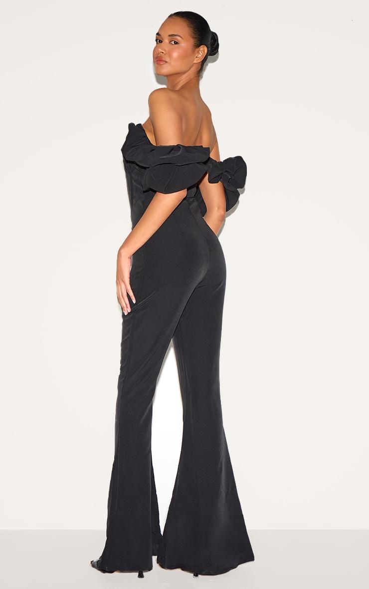 Black Woven Pleated Corset Detail Bardot Frill Jumpsuit. Product Image