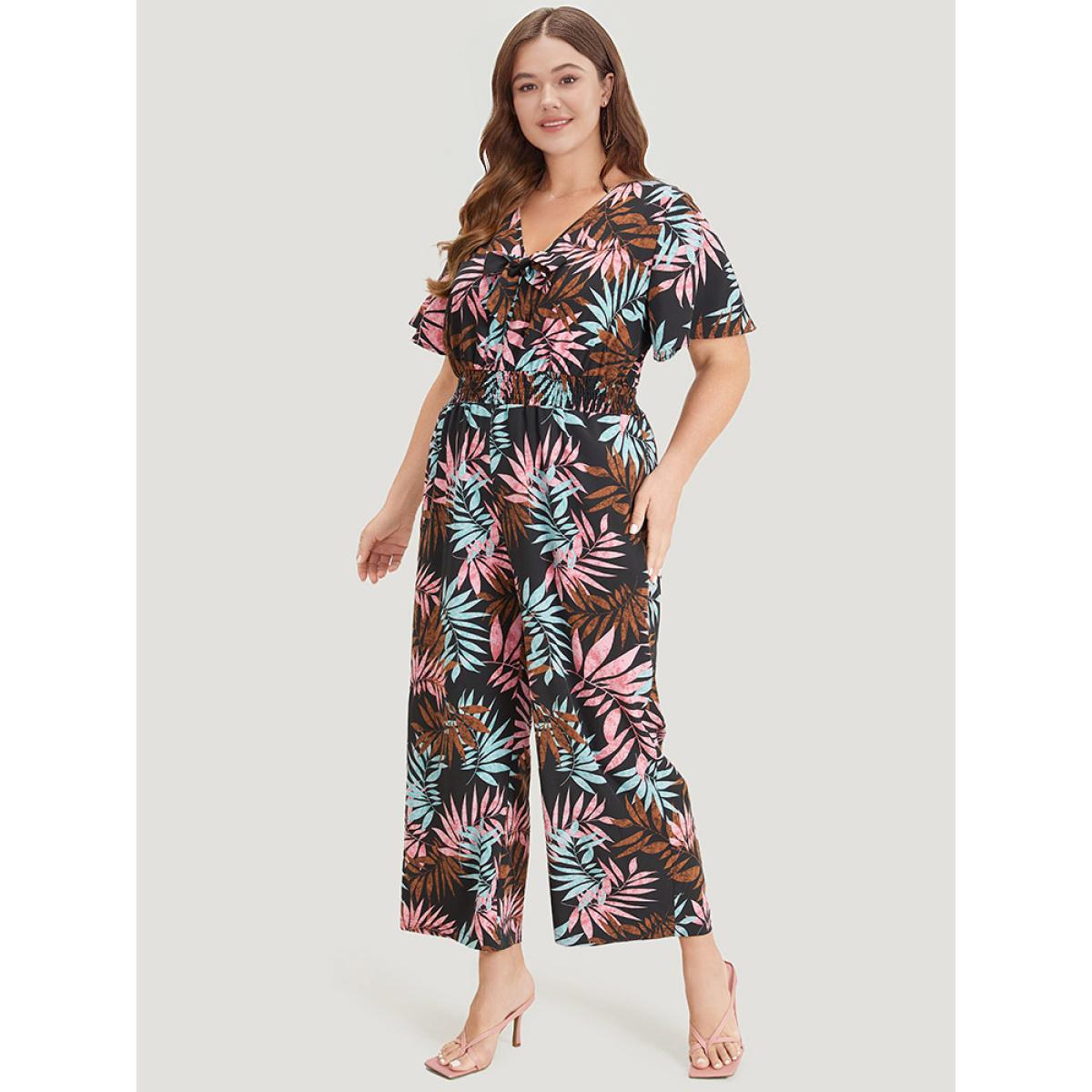 Plus Size Black Tropical Print Knot Neck Shirred Wrap Jumpsuit Women Elegant Short sleeve Tie Neck Dailywear Loose Jumpsuits BloomChic 12/L Product Image