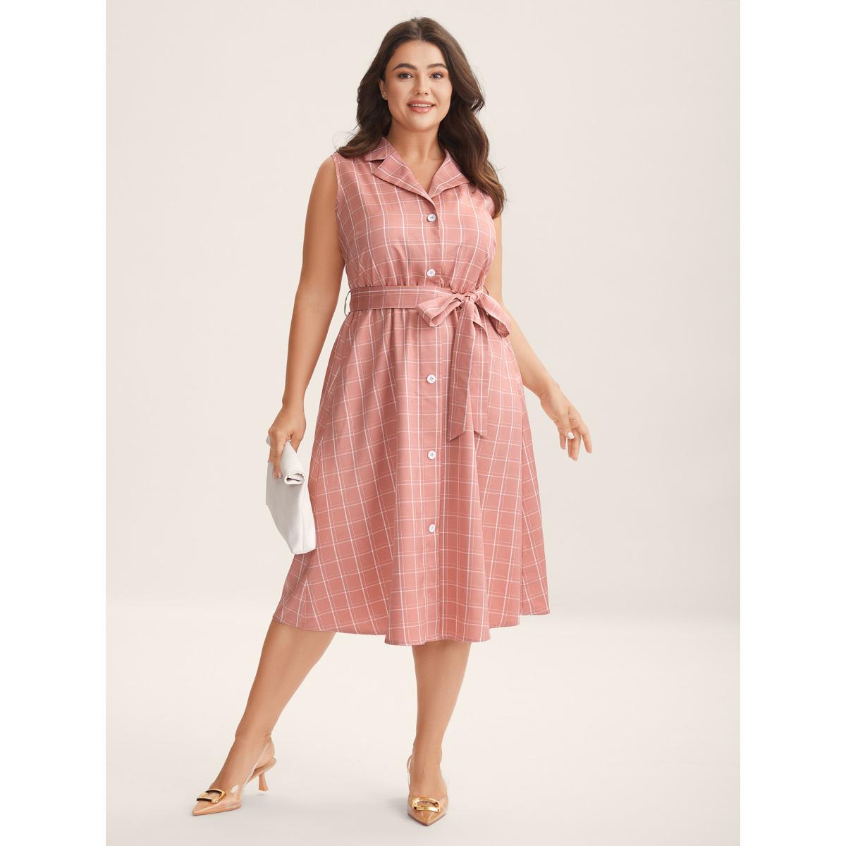 Plus Size Plaid Belted Pockets Shirt Dress Watermelon Women Suit Collar Sleeveless Curvy BloomChic 22-24/3X Product Image