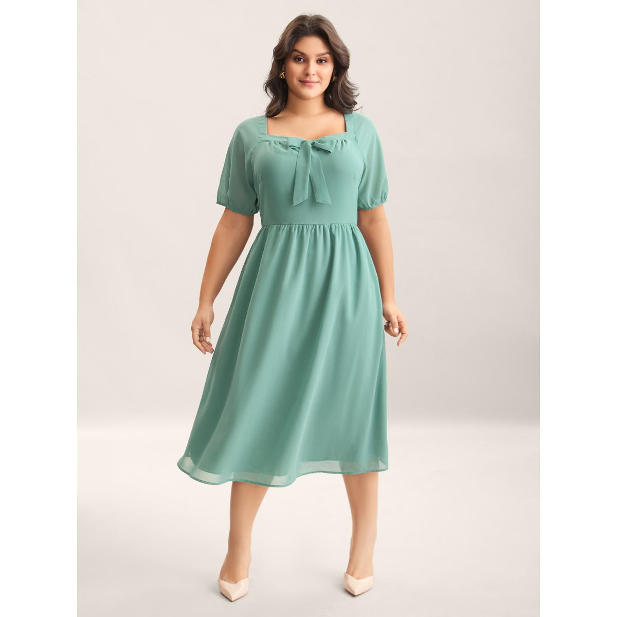 Plus Size Chiffon Ribbon Collar Waist-Cinched Dress Teal Women Square Neck Short sleeve Curvy BloomChic 18-20/2X Product Image