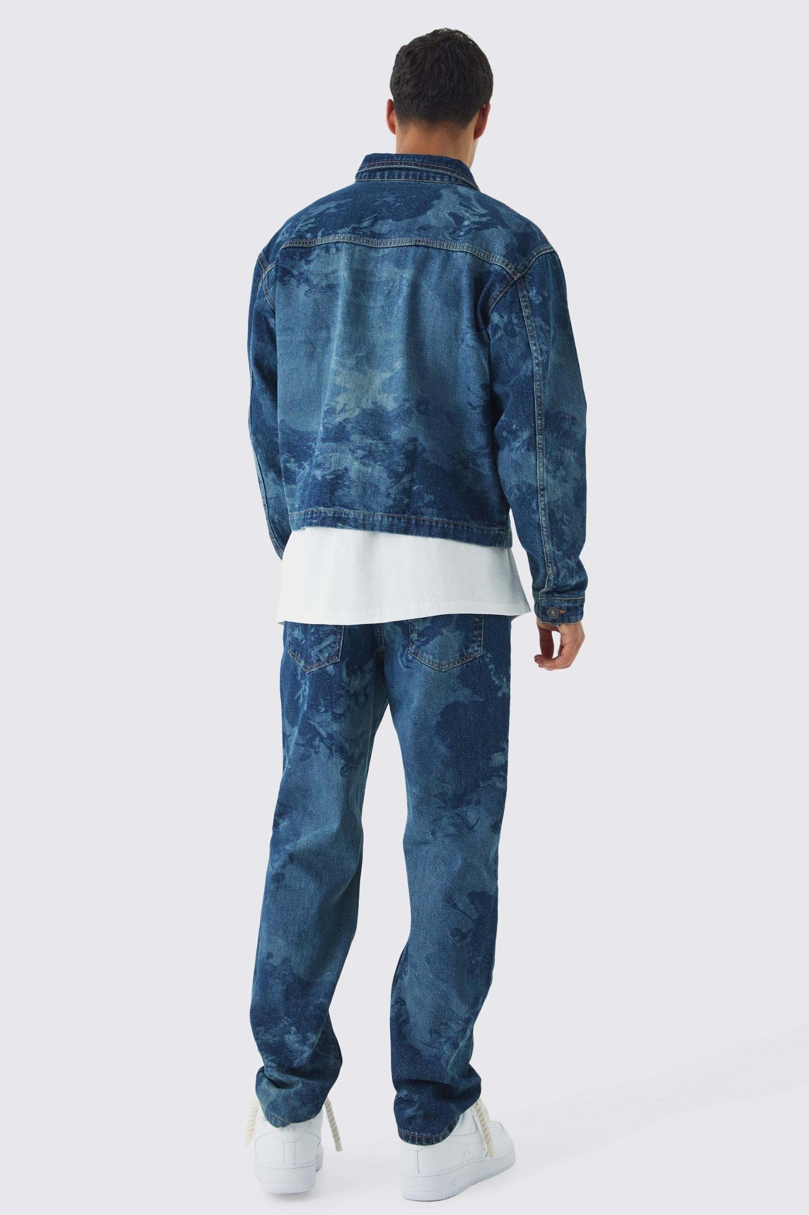 Relaxed Cropped Renaissance Laser Print Jean Jacket | boohooMAN USA Product Image