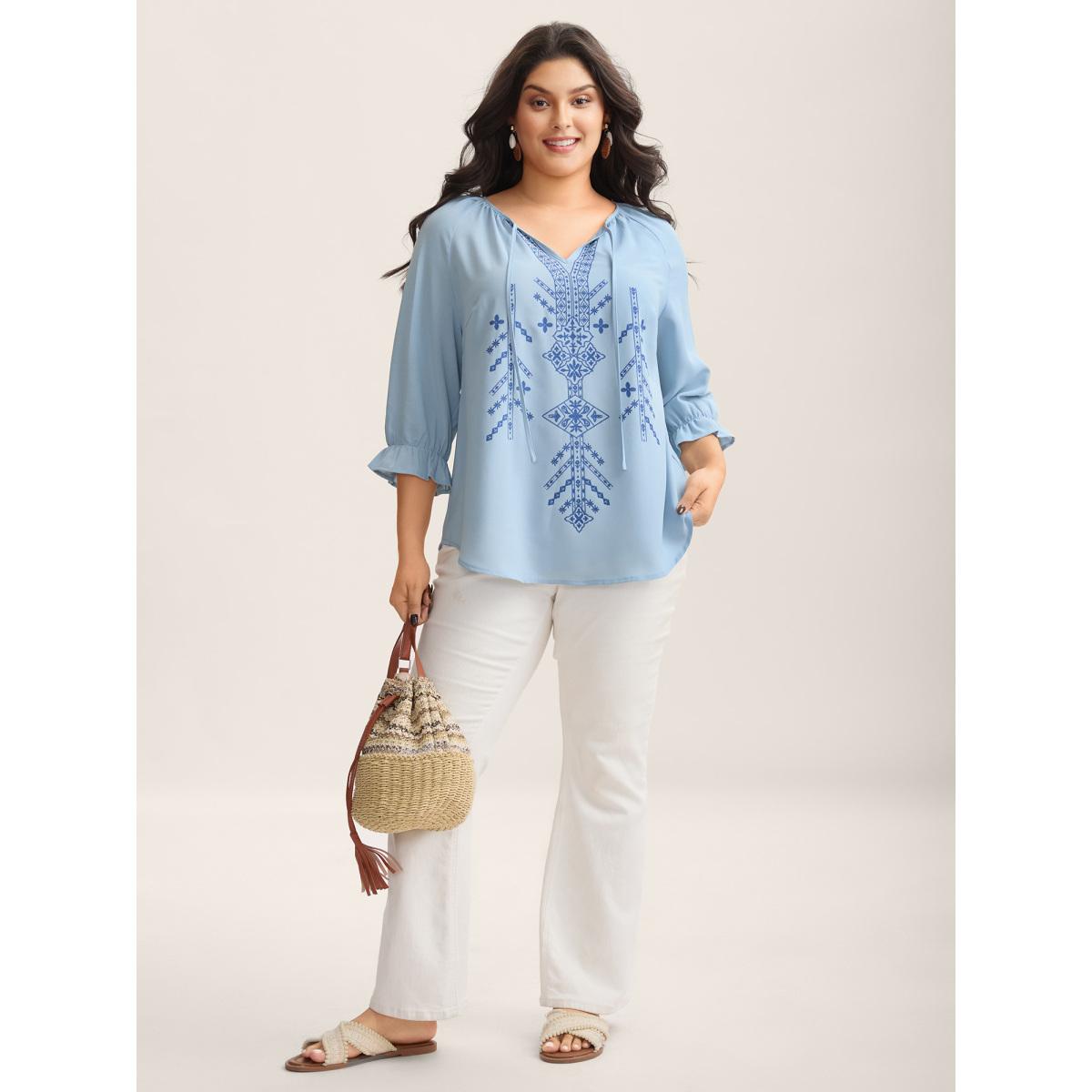 Plus Size LightBlue Boho Print Neck Tassels Shirt Women Resort Elbow-length sleeve Notched collar Vacation Blouses BloomChic 26/4X Product Image