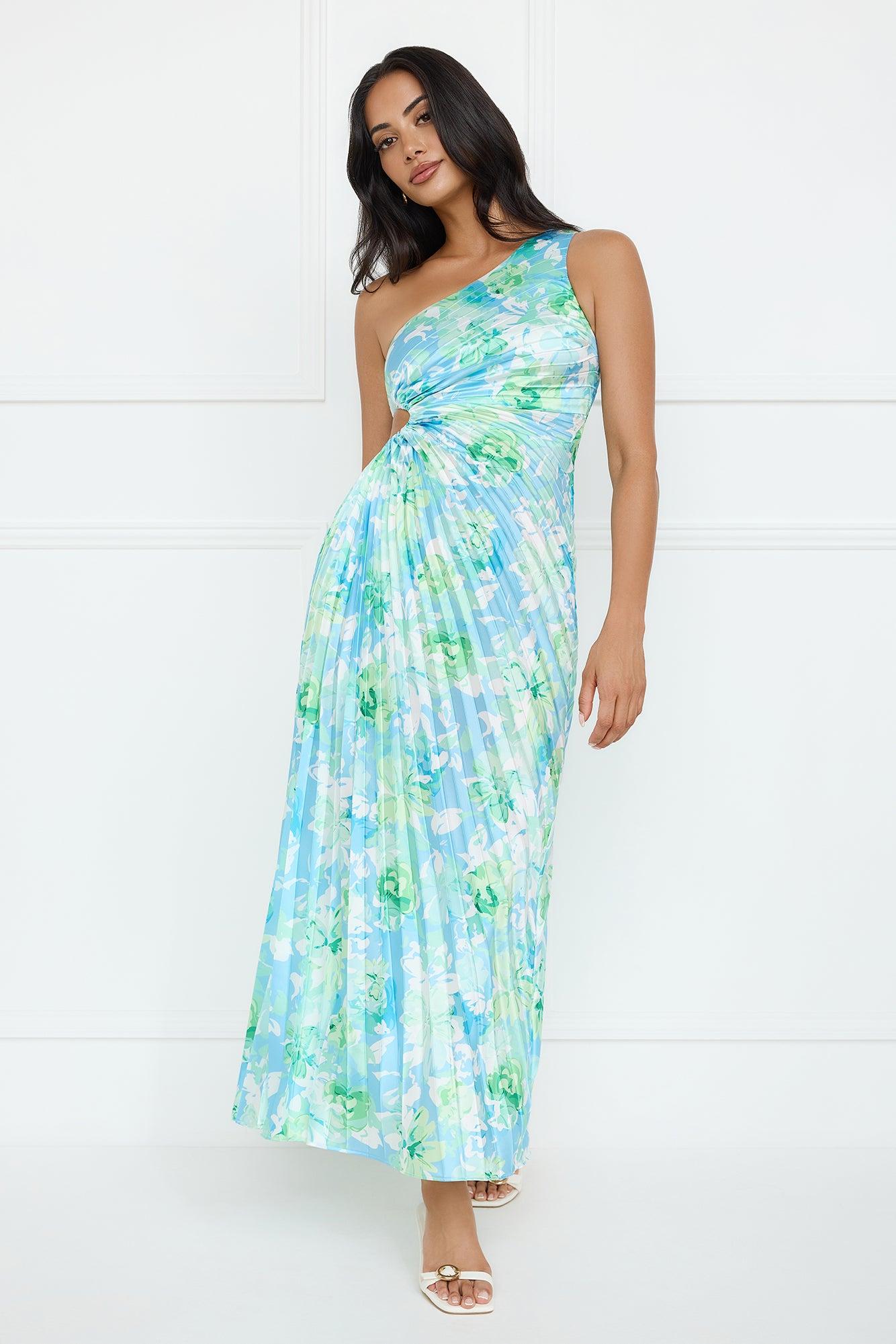 Emerald Ice One Shoulder Satin Pleated Maxi Dress Blue Product Image