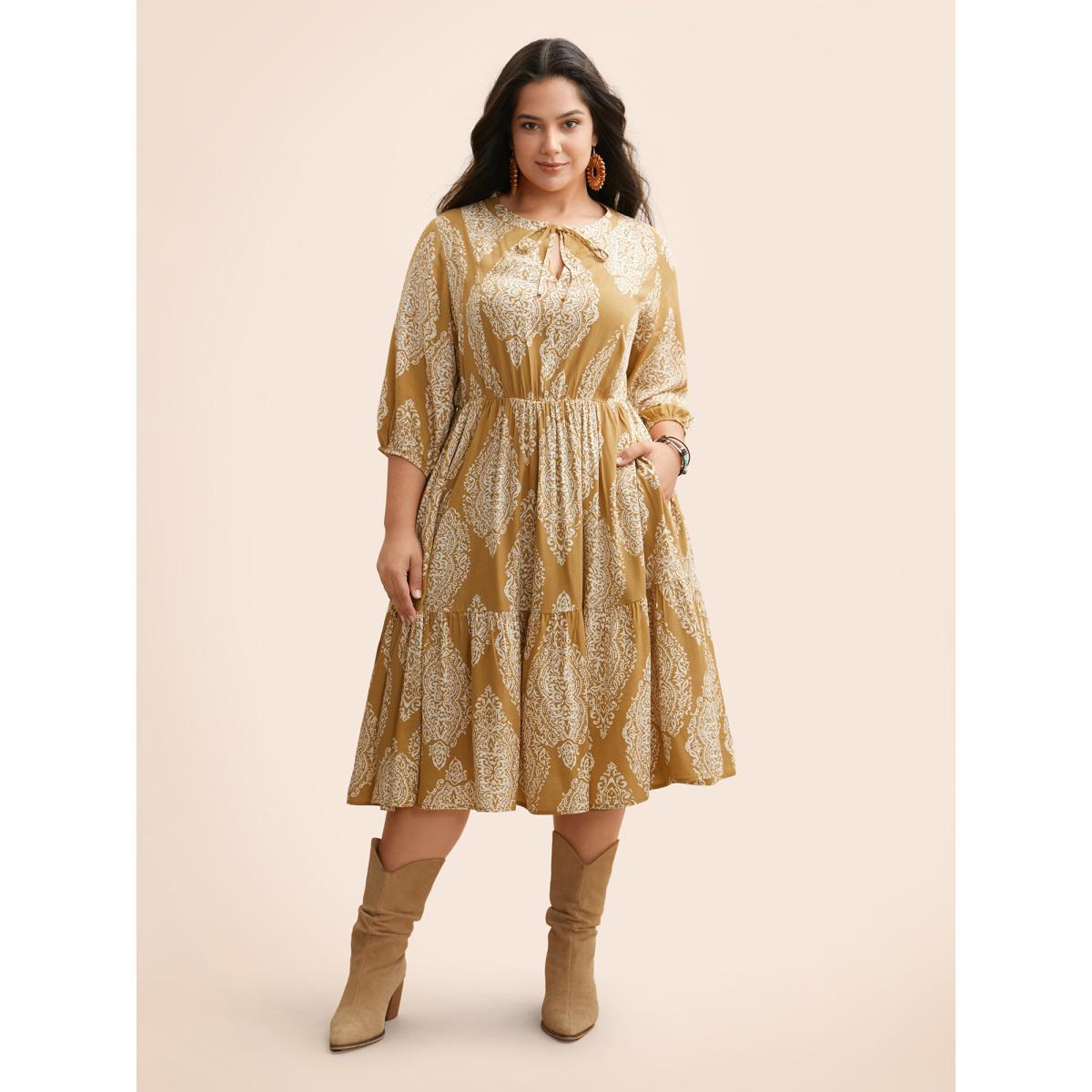 Plus Size Damask Print Tie Knot Puff Sleeve Dress Bronze Women Resort Tie knot V-neck Elbow-length sleeve Curvy BloomChic 12/L Product Image