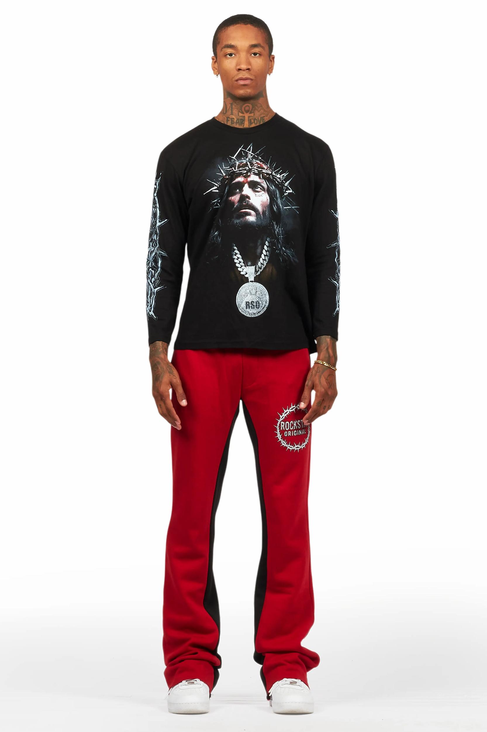 Amina Black/Burgundy Long Sleeve T-Shirt/Baggy Pant Set Male Product Image