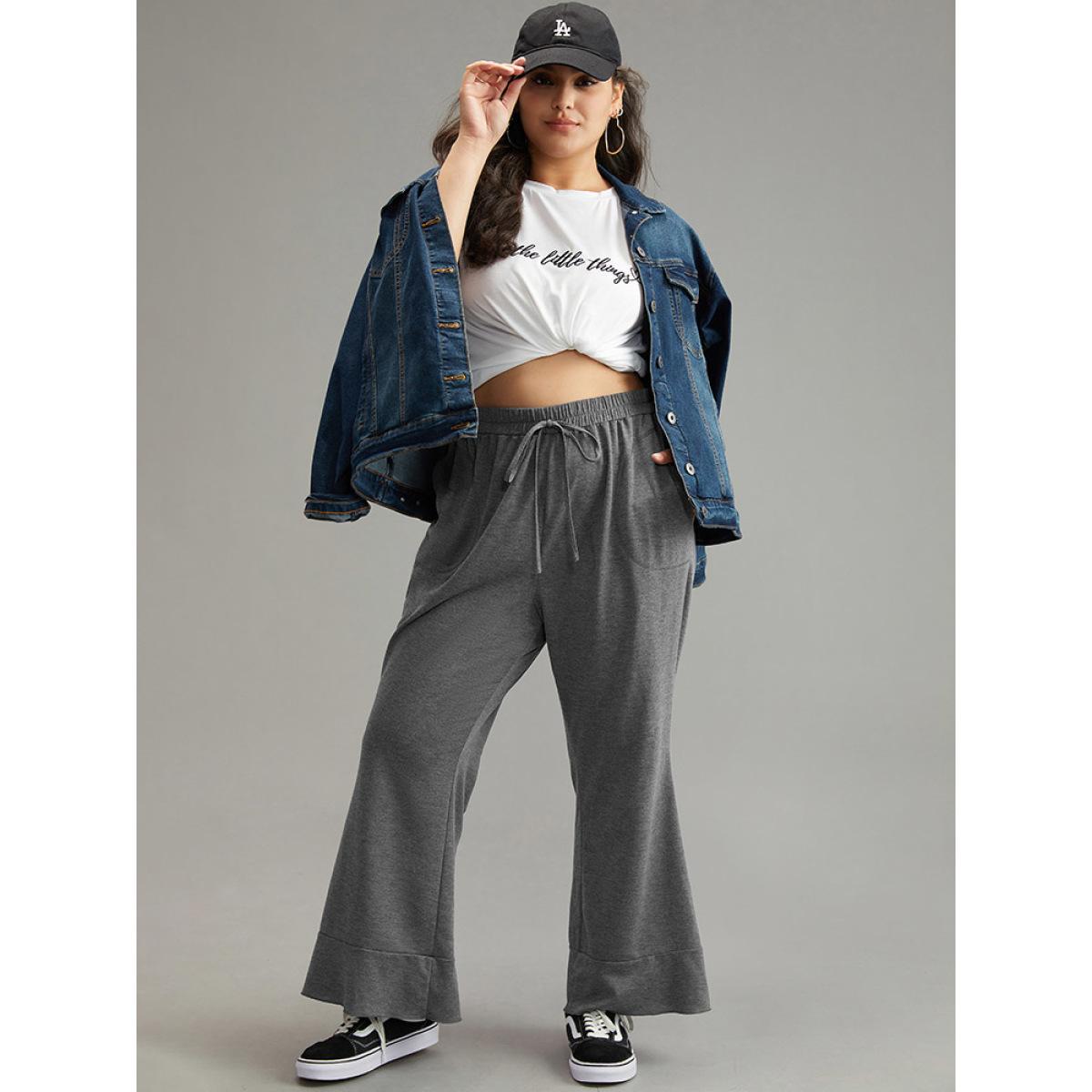 Plus Size Solid Pocket Knotted Flare Leg Pants Women Gray Casual Flare Leg High Rise Dailywear Pants BloomChic 10/M Product Image